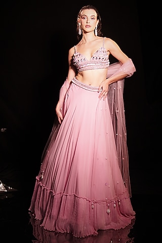 Fresh Pink Georgette Ruffle Lehenga Set by Anshika Tak Label
