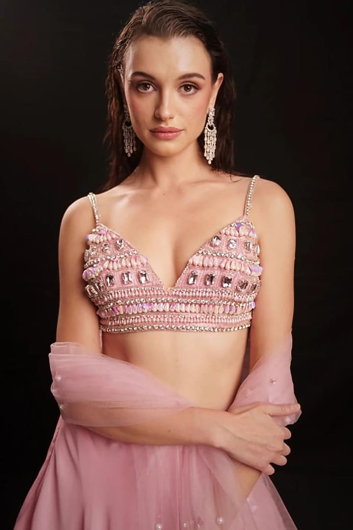 Fresh Pink Georgette Ruffle Wedding Lehenga Set by Anshika Tak Label at Pernia's Pop Up Shop