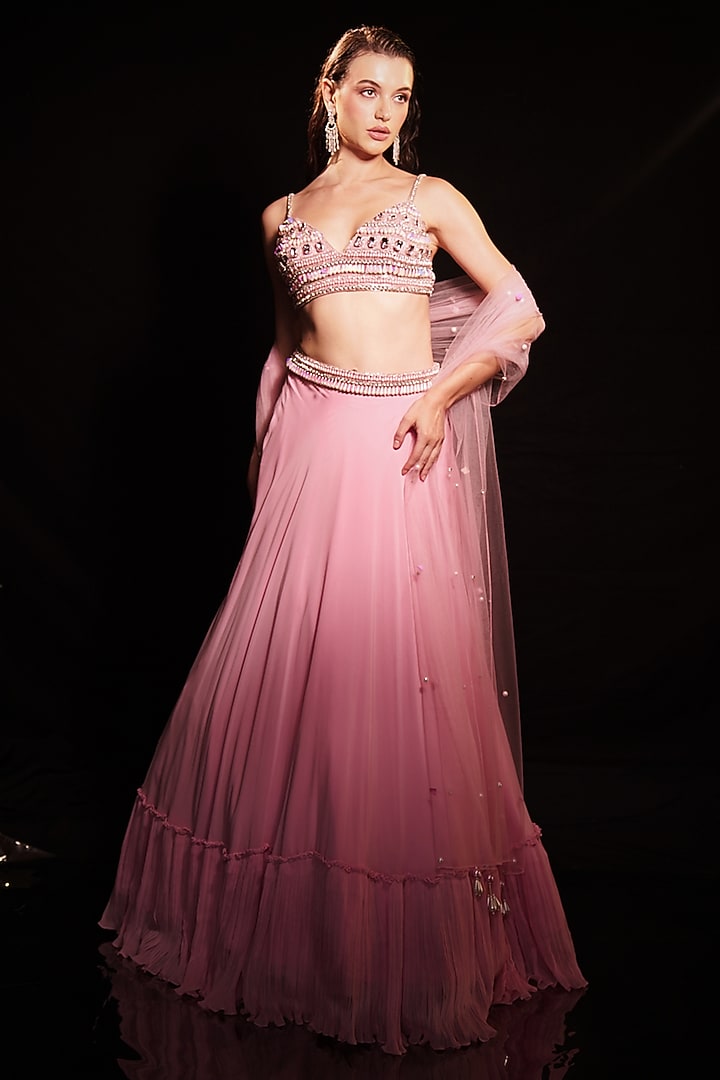 Fresh Pink Georgette Ruffle Wedding Lehenga Set by Anshika Tak Label at Pernia's Pop Up Shop