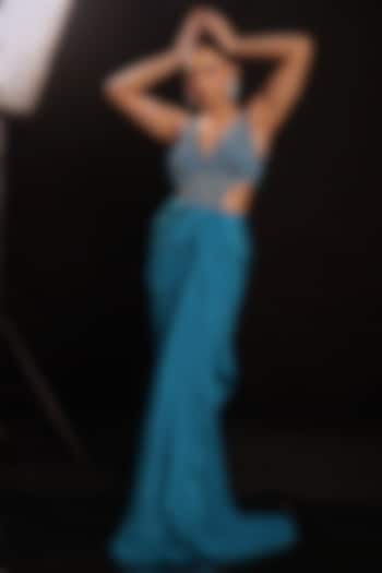 Teal Blue Net & Crepe Embellished Draped Cocktail Dress by Anshika Tak Label at Pernia's Pop Up Shop