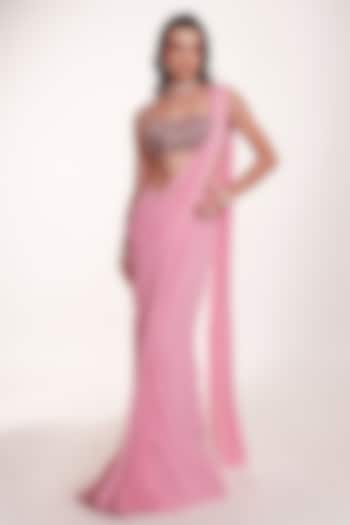 Pastel Pink Georgette Draped Wedding Saree Set by Anshika Tak Label at Pernia's Pop Up Shop