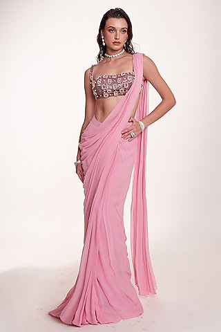 Pastel Pink Georgette Draped Saree Set by Anshika Tak Label