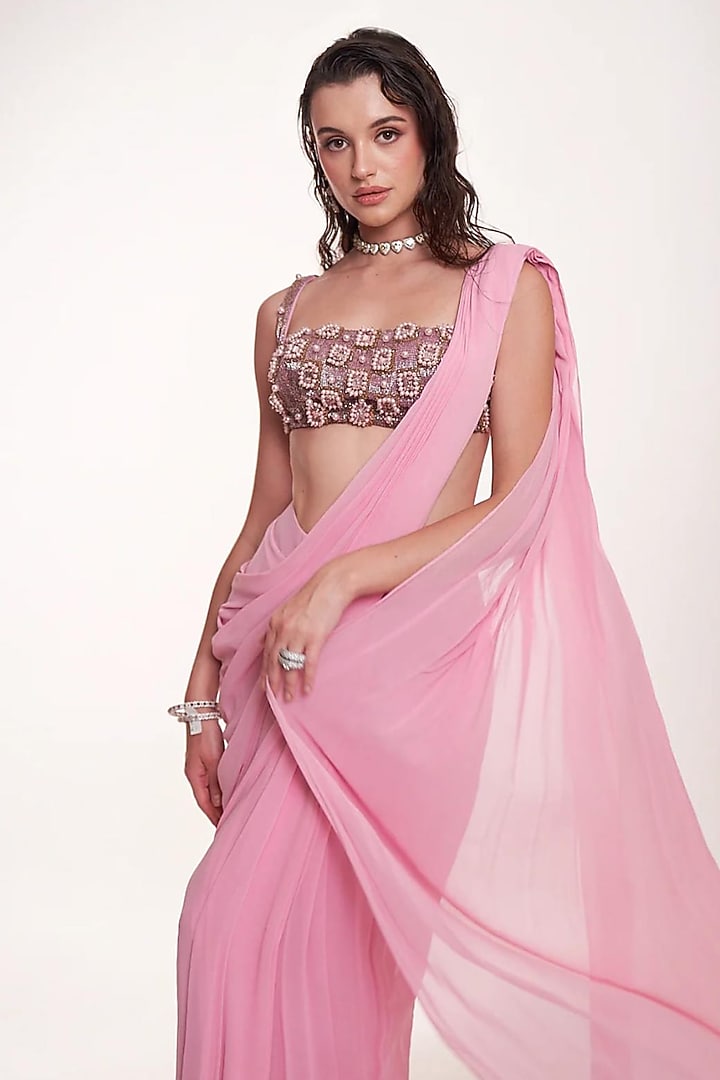Pastel Pink Georgette Draped Wedding Saree Set by Anshika Tak Label at Pernia's Pop Up Shop