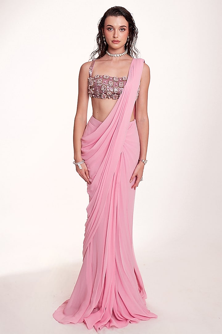 Pastel Pink Georgette Draped Wedding Saree Set by Anshika Tak Label at Pernia's Pop Up Shop