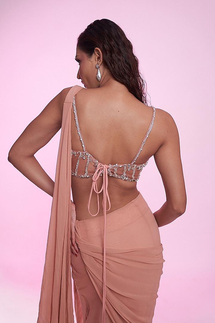 Blush Peach Georgette Draped Wedding Saree Set by Anshika Tak Label at Pernia's Pop Up Shop