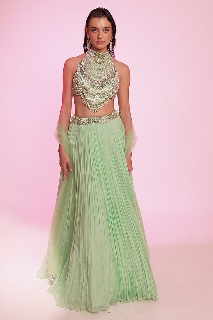 Mint Green Silk Organza Wedding Lehenga Set by Anshika Tak Label at Pernia's Pop Up Shop