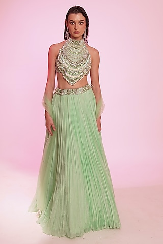 Mint Green Silk Organza Lehenga Set by Anshika Tak Label