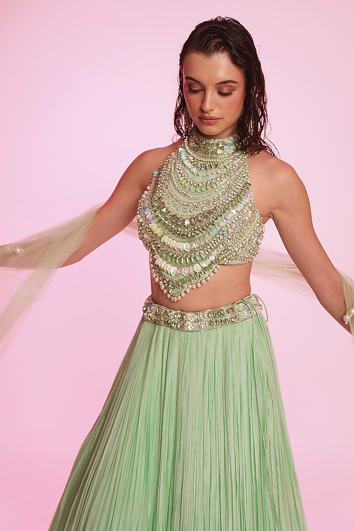 Mint Green Silk Organza Wedding Lehenga Set by Anshika Tak Label at Pernia's Pop Up Shop