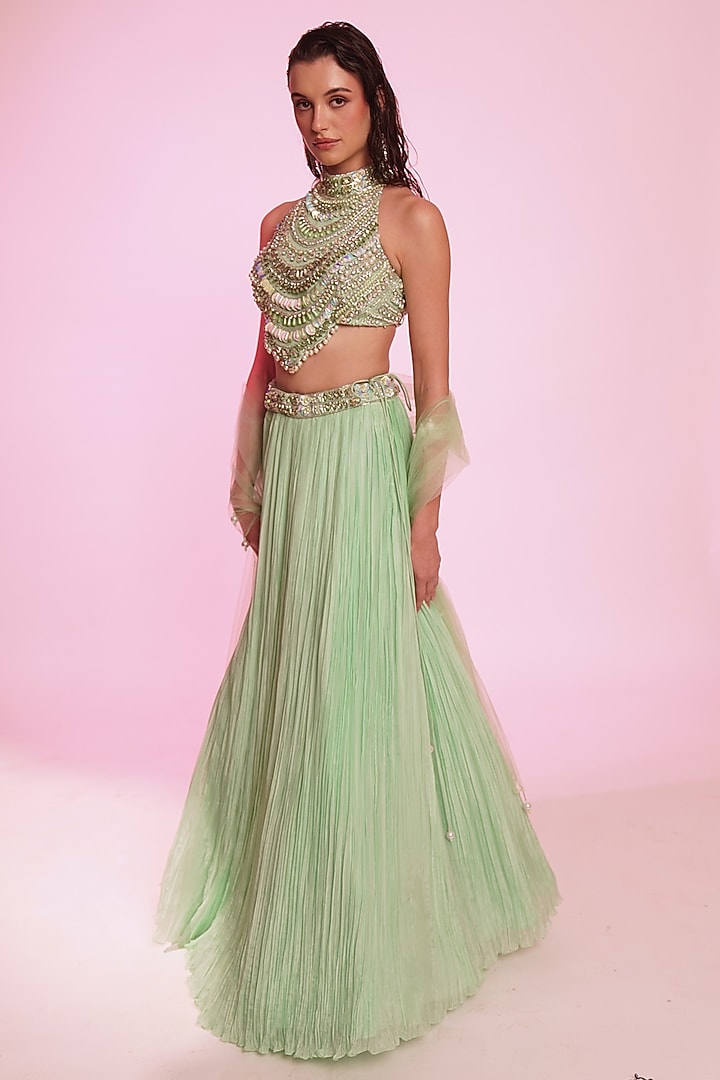Mint Green Silk Organza Wedding Lehenga Set by Anshika Tak Label at Pernia's Pop Up Shop