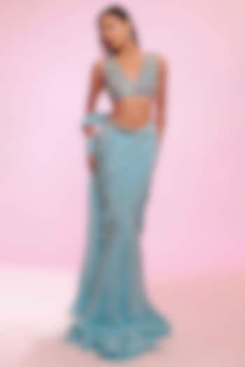 Aqua Blue Crepe Draped Wedding Saree Set by Anshika Tak Label at Pernia's Pop Up Shop