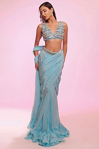 Aqua Blue Crepe Draped Saree Set by Anshika Tak Label