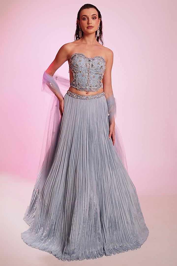 Serenity Blue Crepe Embroidered Wedding Lehenga Set by Anshika Tak Label at Pernia's Pop Up Shop