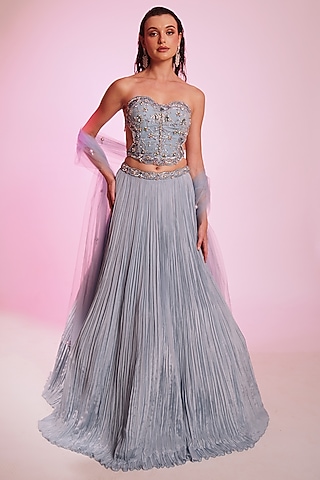 Serenity Blue Crepe Embroidered Lehenga Set by Anshika Tak Label