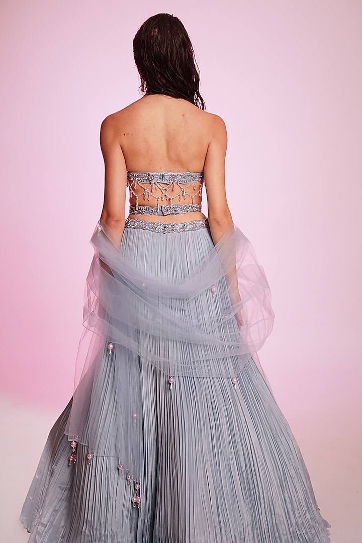Serenity Blue Crepe Embroidered Wedding Lehenga Set by Anshika Tak Label at Pernia's Pop Up Shop