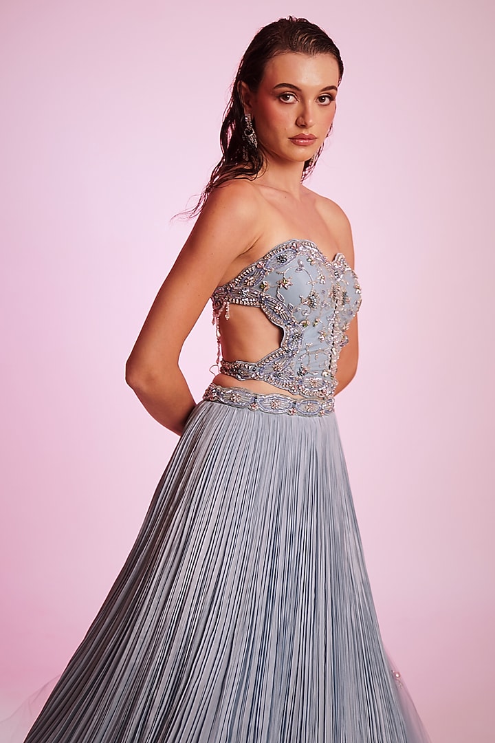 Serenity Blue Crepe Embroidered Wedding Lehenga Set by Anshika Tak Label at Pernia's Pop Up Shop