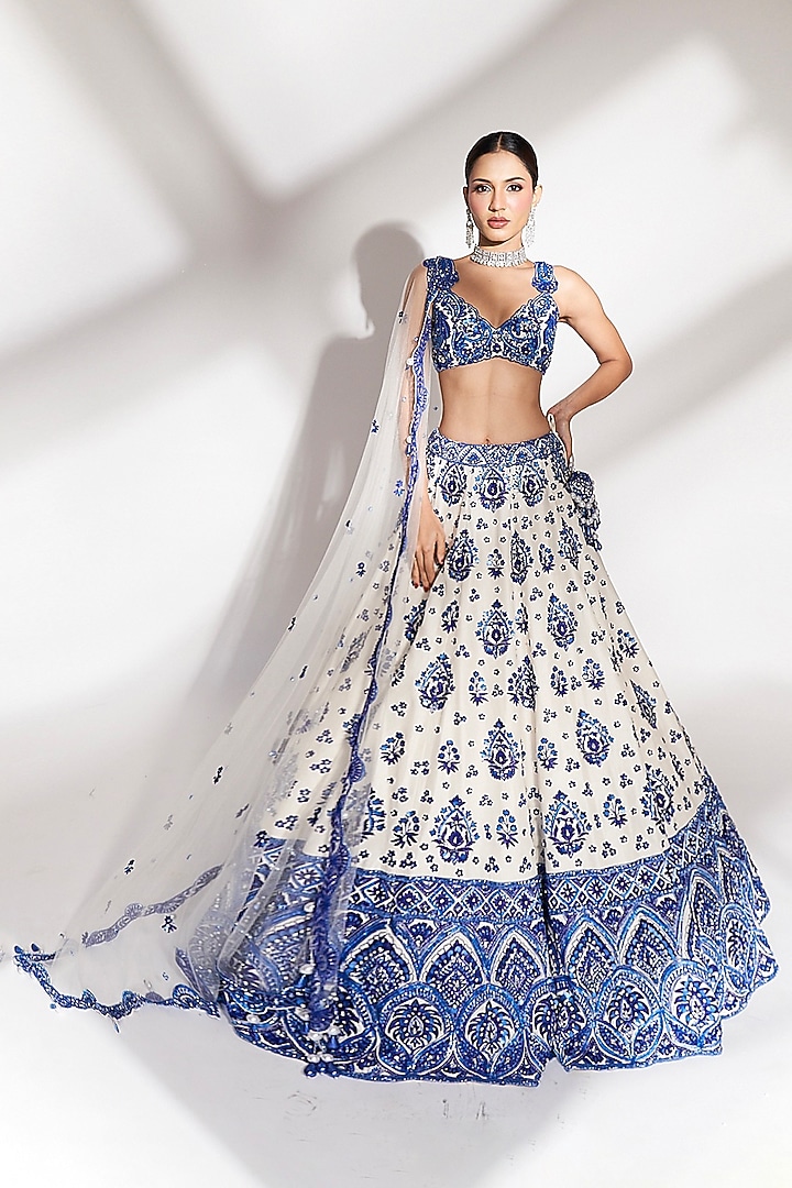 Pristine Ivory Tussar Silk Sequins Embroidered Bridal Lehenga Set by Anshika Tak Label at Pernia's Pop Up Shop