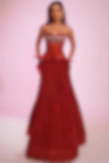 Red Silk Organza & Sheet Tulle Crystal Embellished Wedding Lehenga Set by Anshika Tak Label at Pernia's Pop Up Shop