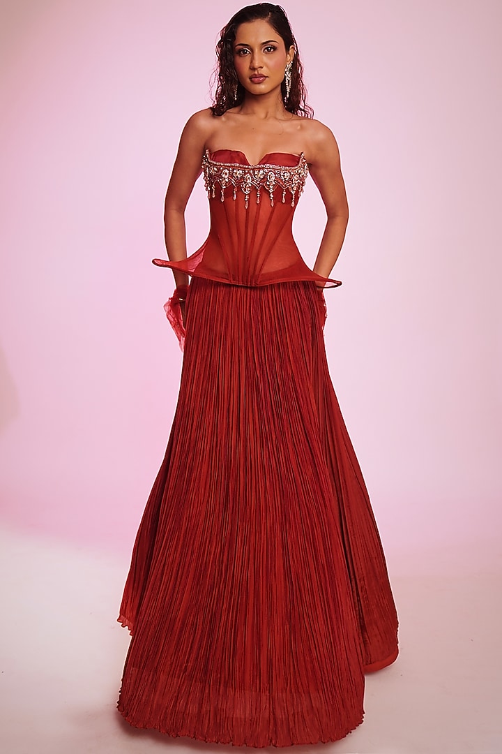 Red Silk Organza & Sheet Tulle Crystal Embellished Wedding Lehenga Set by Anshika Tak Label at Pernia's Pop Up Shop