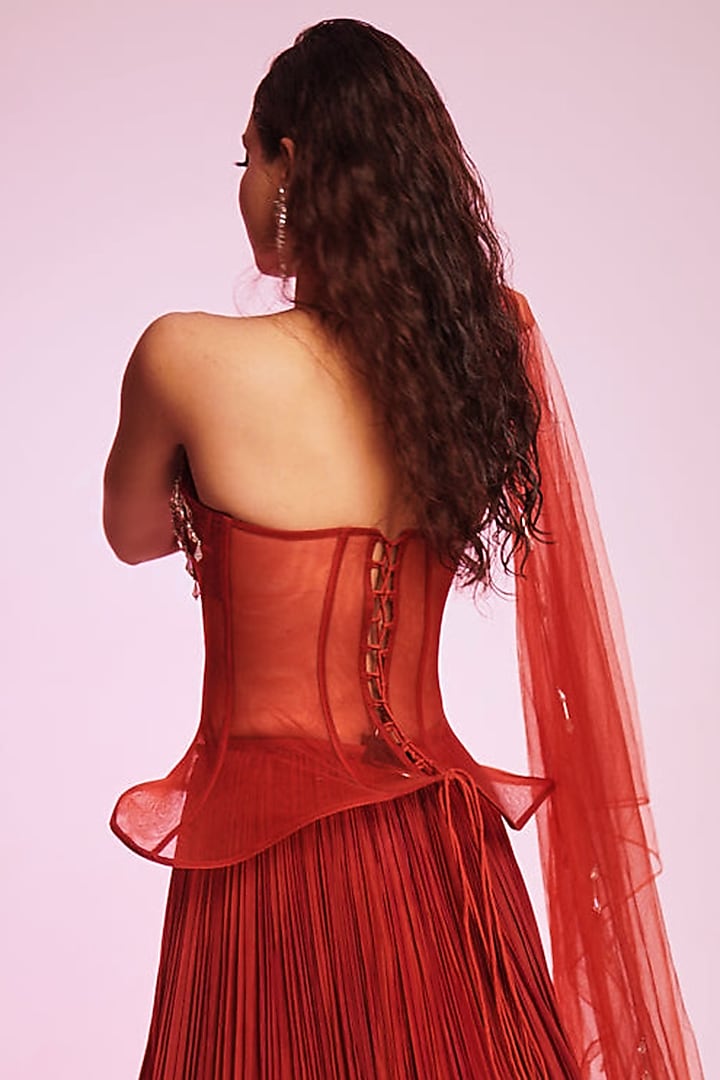 Rust Crepe Embellished Wedding Lehenga Set by Anshika Tak Label at Pernia's Pop Up Shop