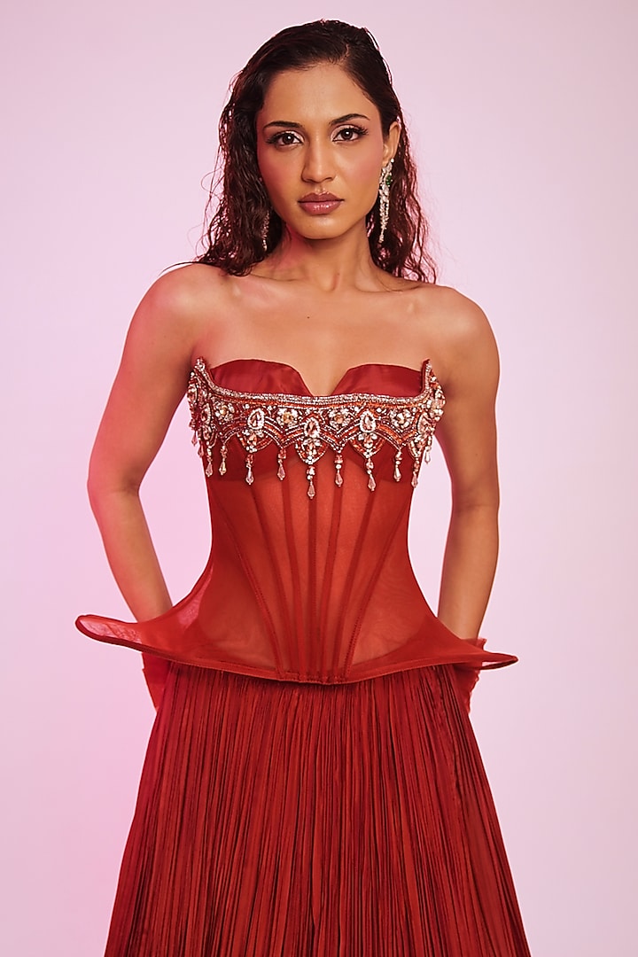 Rust Crepe Embellished Wedding Lehenga Set by Anshika Tak Label at Pernia's Pop Up Shop