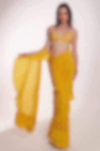 Bright Yellow Crepe Ruffled Draped Wedding Saree Set by Anshika Tak Label at Pernia's Pop Up Shop