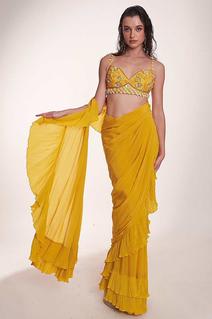 Bright Yellow Crepe Ruffled Draped Wedding Saree Set by Anshika Tak Label at Pernia's Pop Up Shop