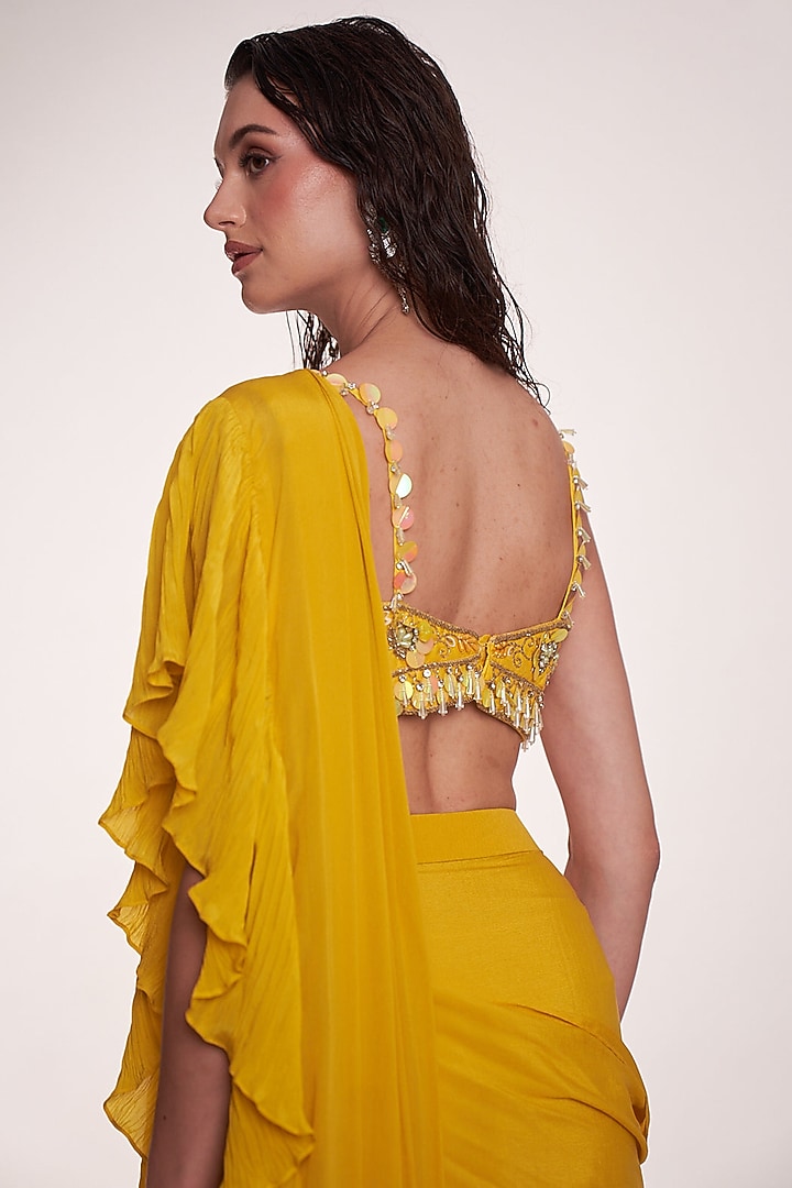Bright Yellow Crepe Ruffled Draped Wedding Saree Set by Anshika Tak Label at Pernia's Pop Up Shop