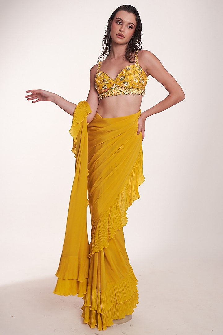 Bright Yellow Crepe Ruffled Draped Wedding Saree Set by Anshika Tak Label at Pernia's Pop Up Shop