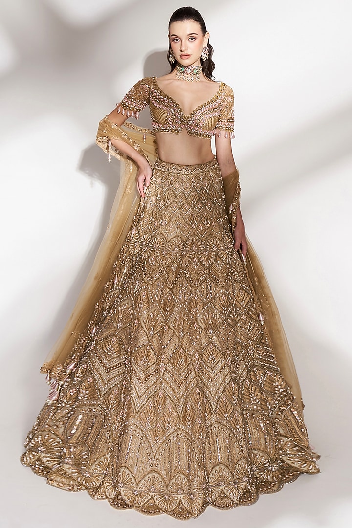 Gold Net Sequins Embroidered Bridal Lehenga Set by Anshika Tak Label at Pernia's Pop Up Shop