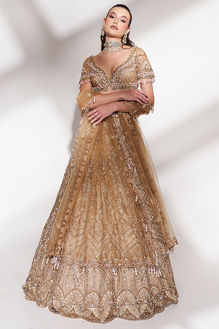 Gold Net Sequins Embroidered Bridal Lehenga Set by Anshika Tak Label at Pernia's Pop Up Shop