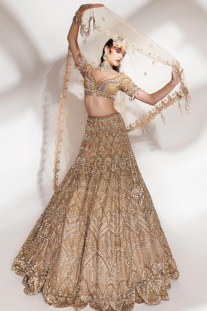 Gold Net Sequins Embroidered Bridal Lehenga Set by Anshika Tak Label at Pernia's Pop Up Shop