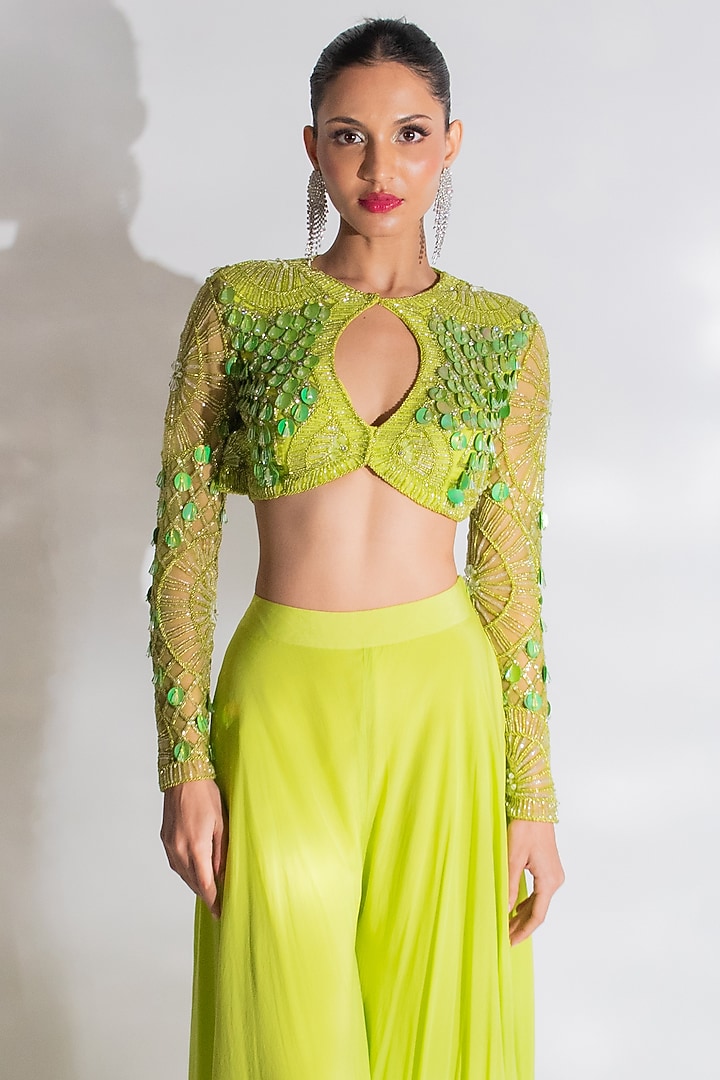 Parrot Green Crepe Pant Set by Anshika Tak Label at Pernia's Pop Up Shop