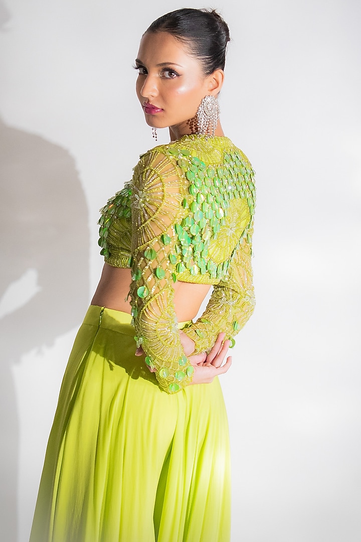 Parrot Green Crepe Pant Set by Anshika Tak Label at Pernia's Pop Up Shop