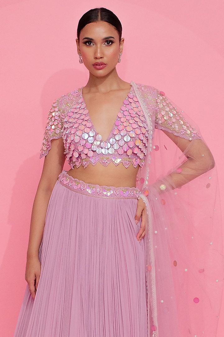 Lavender Georgette Embroidered Wedding Lehenga Set by Anshika Tak Label at Pernia's Pop Up Shop