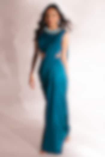Teal Lycra Embellished Pleated Saree Set by Anshika Tak Label