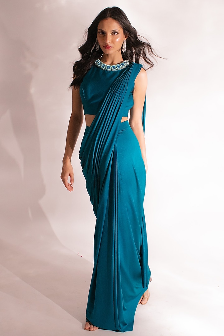 Teal Lycra Embellished Pleated Saree Set by Anshika Tak Label