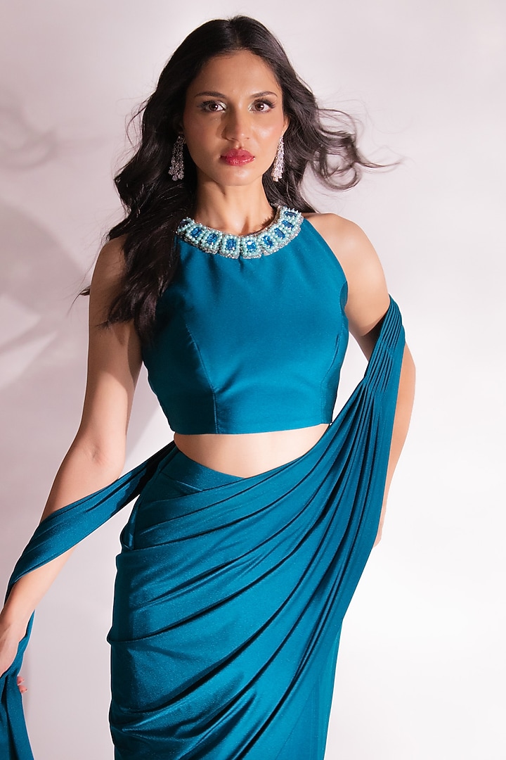 Teal Lycra Embellished Pleated Party Wear Saree Set by Anshika Tak Label at Pernia's Pop Up Shop