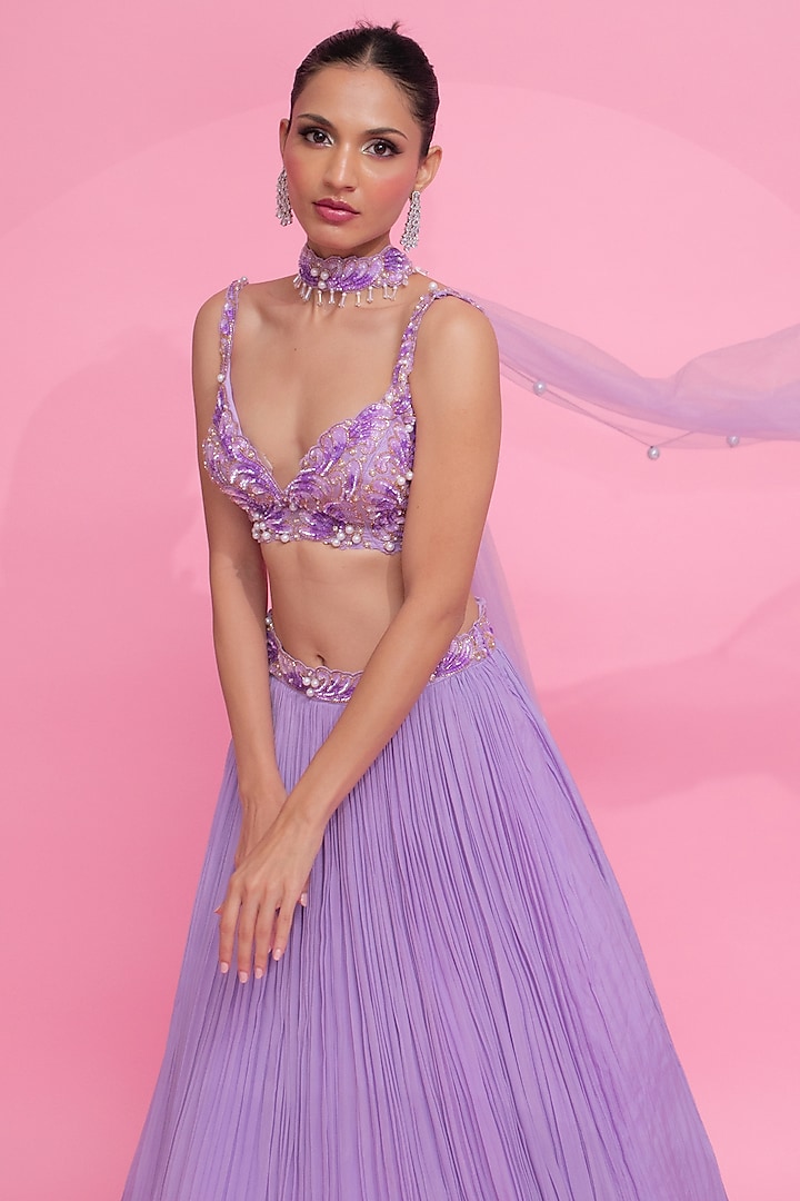 Lavender Crepe Embroidered Ruched Wedding Lehenga Set by Anshika Tak Label at Pernia's Pop Up Shop