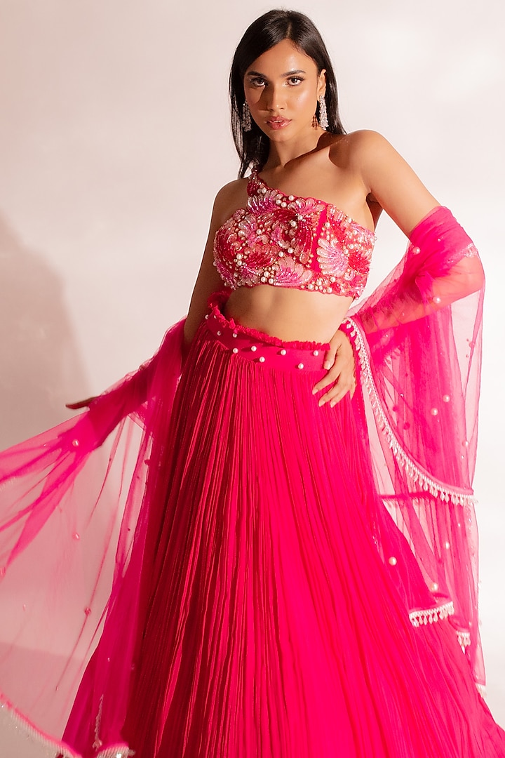 Fuchsia Pink Georgette Wedding Lehenga Set by Anshika Tak Label at Pernia's Pop Up Shop