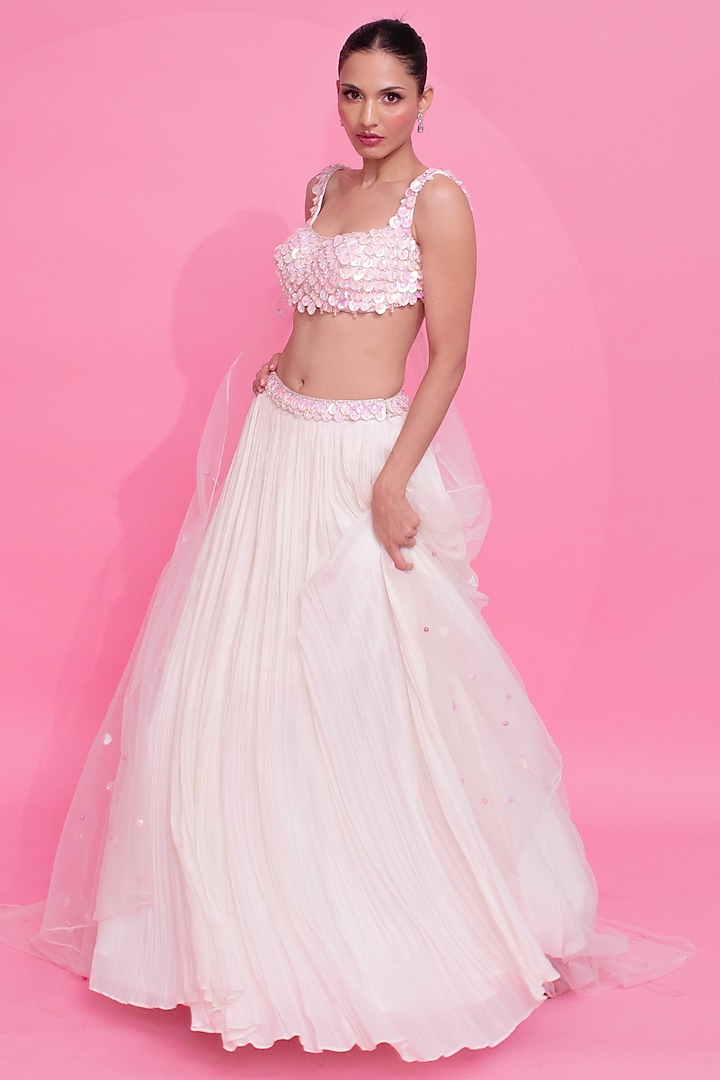 Ivory Georgette Ruched Wedding Lehenga Set by Anshika Tak Label at Pernia's Pop Up Shop