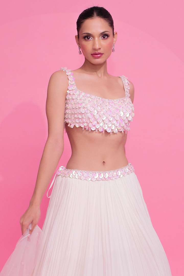 Ivory Georgette Ruched Wedding Lehenga Set by Anshika Tak Label at Pernia's Pop Up Shop