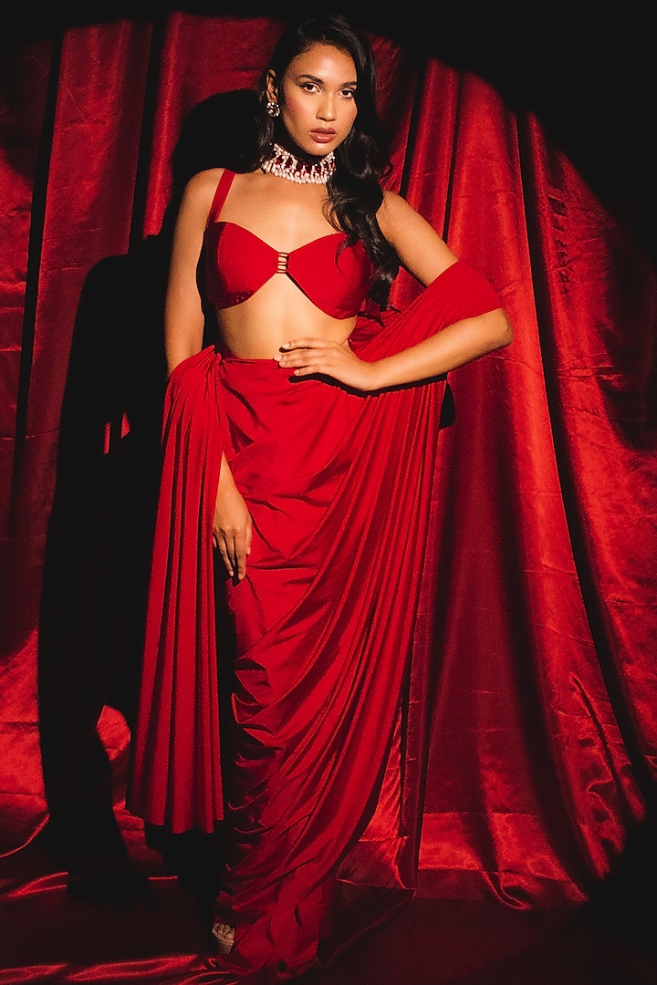 Red Lycra Hand Embroidered Draped Party Wear Saree Set by Anshika Tak Label at Pernia's Pop Up Shop