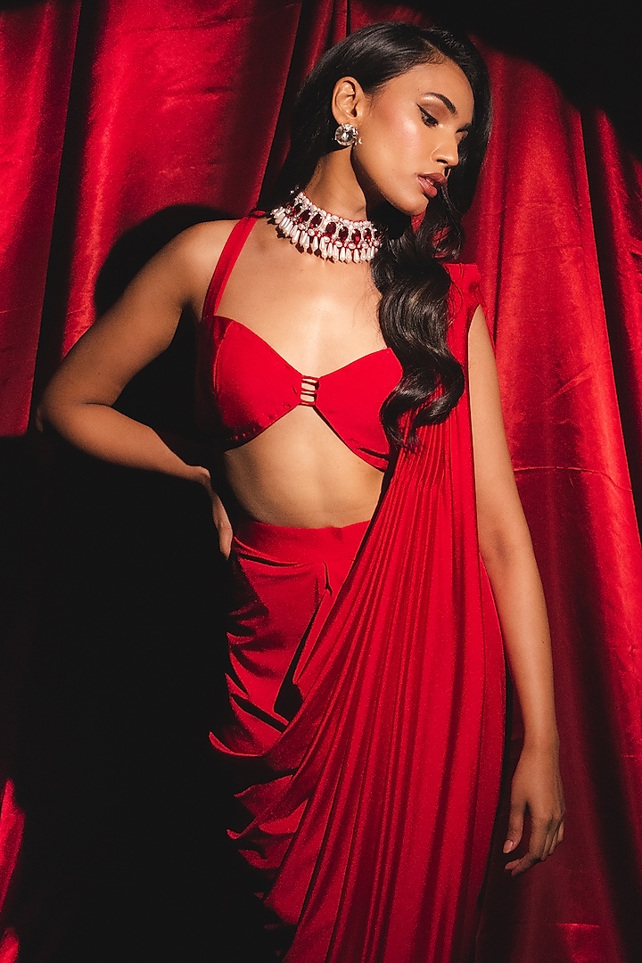 Red Lycra Hand Embroidered Draped Party Wear Saree Set by Anshika Tak Label at Pernia's Pop Up Shop
