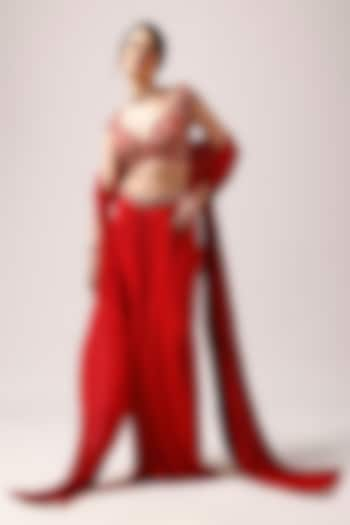 Red Crepe Draped Skirt Set by Anshika Tak Label