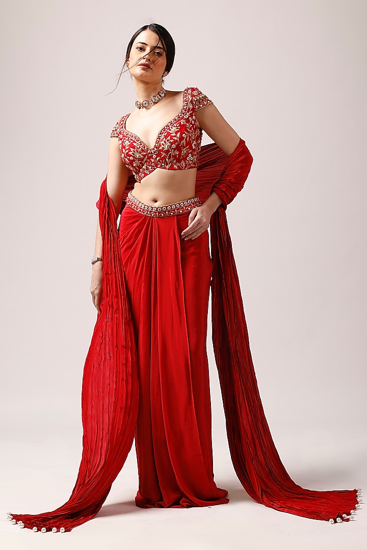 Red Crepe Draped Skirt Set by Anshika Tak Label