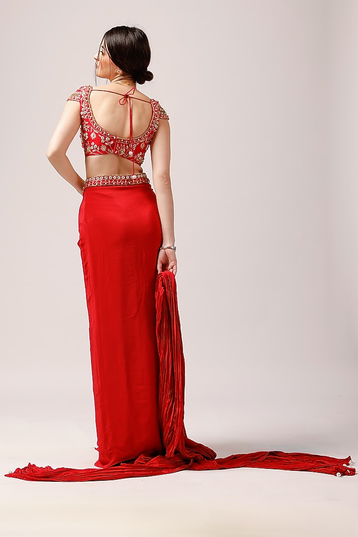Red Crepe Draped Skirt Set by Anshika Tak Label at Pernia's Pop Up Shop