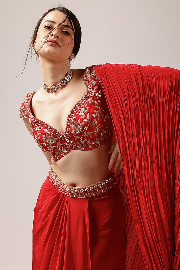 Red Crepe Draped Skirt Set by Anshika Tak Label at Pernia's Pop Up Shop