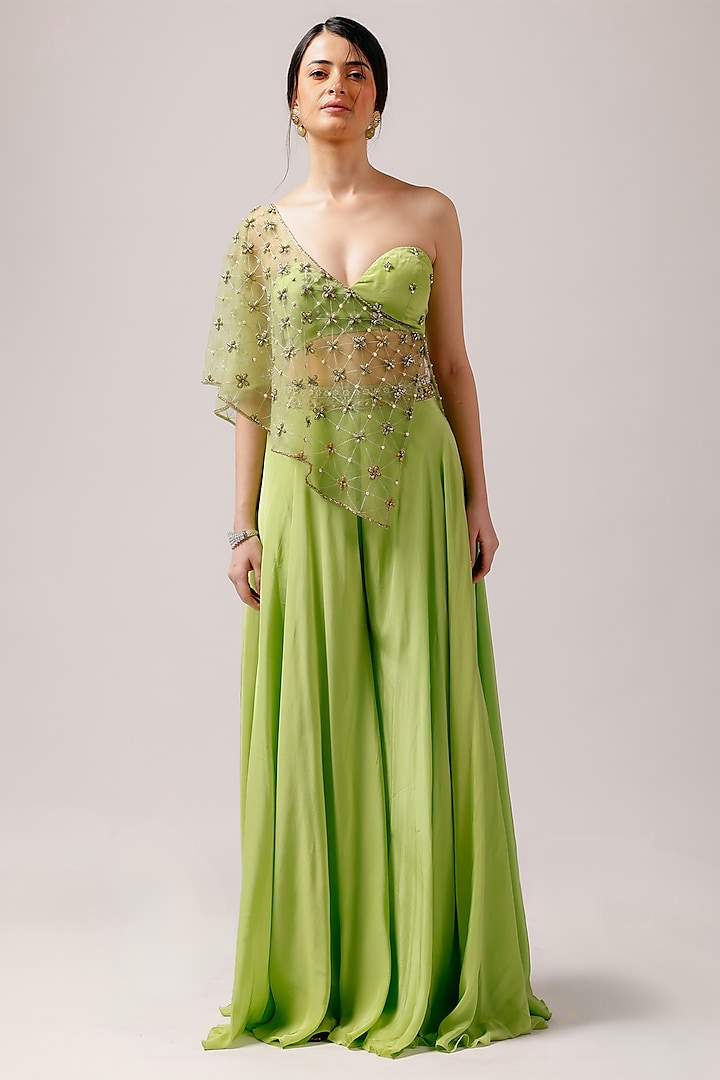 Parrot Green Crepe Pant Set by Anshika Tak Label