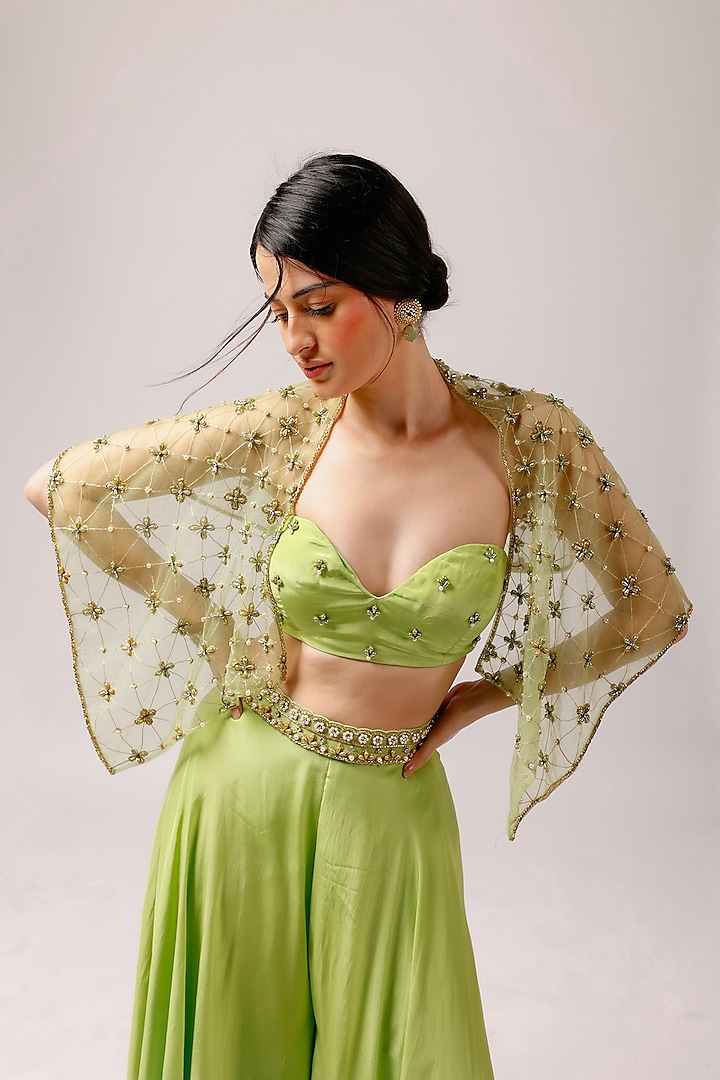 Parrot Green Crepe Pant Set by Anshika Tak Label at Pernia's Pop Up Shop