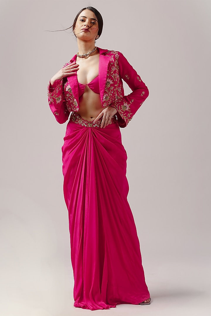 Fuchsia Tussar Silk Aari Embroidered Jacket Set by Anshika Tak Label